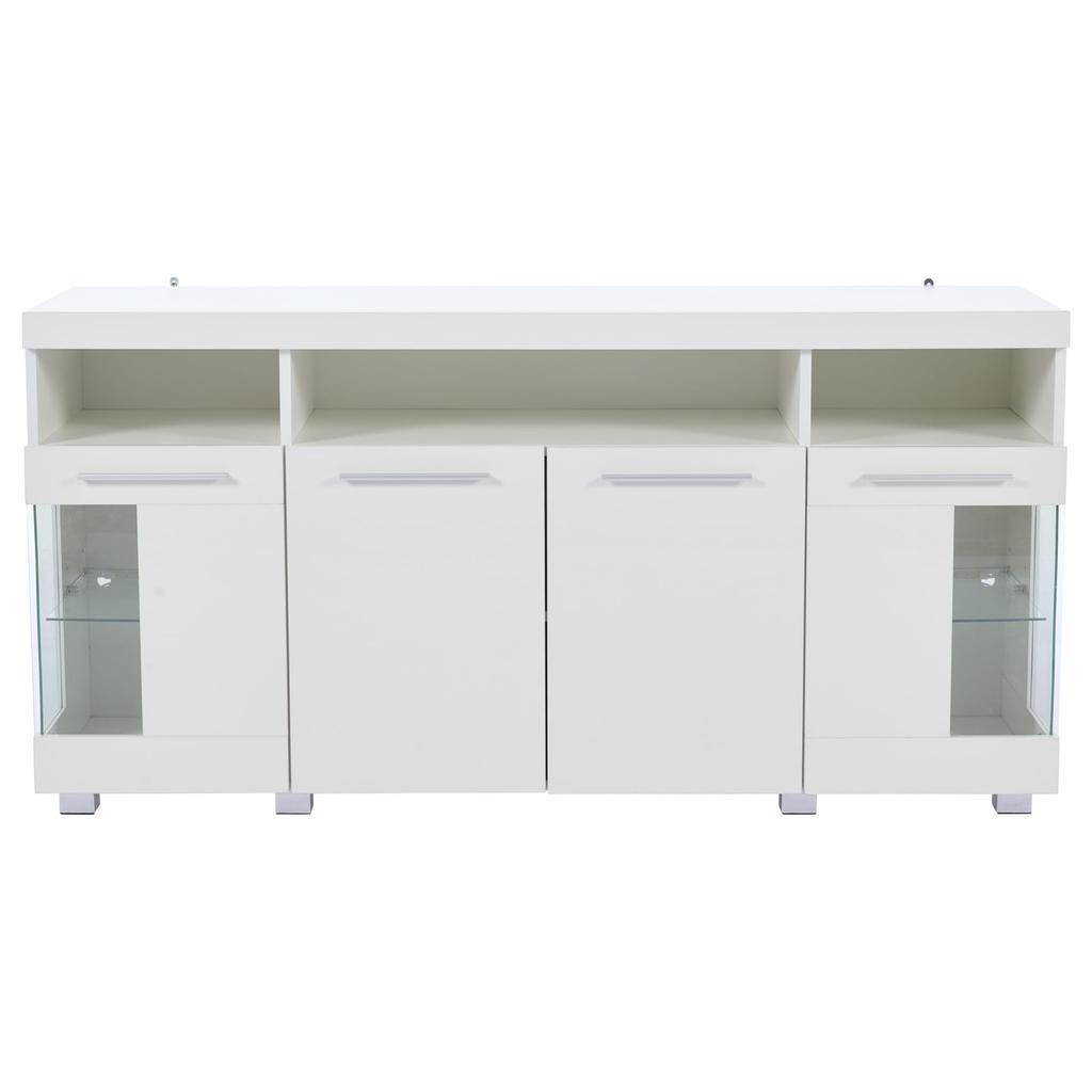 Sideboard Hochglanz Kommode Anrichte Schrank 4 Türen & Offene Staufächer, Mehrzweckschrank Glastüren, Wohnzimmer, Esszimmer, Flur, Weiß