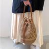 Yaz Örgülü Hasır Kova Çanta Kadınlar Için Basit İpli Plaj Omuz Crossbody Çanta