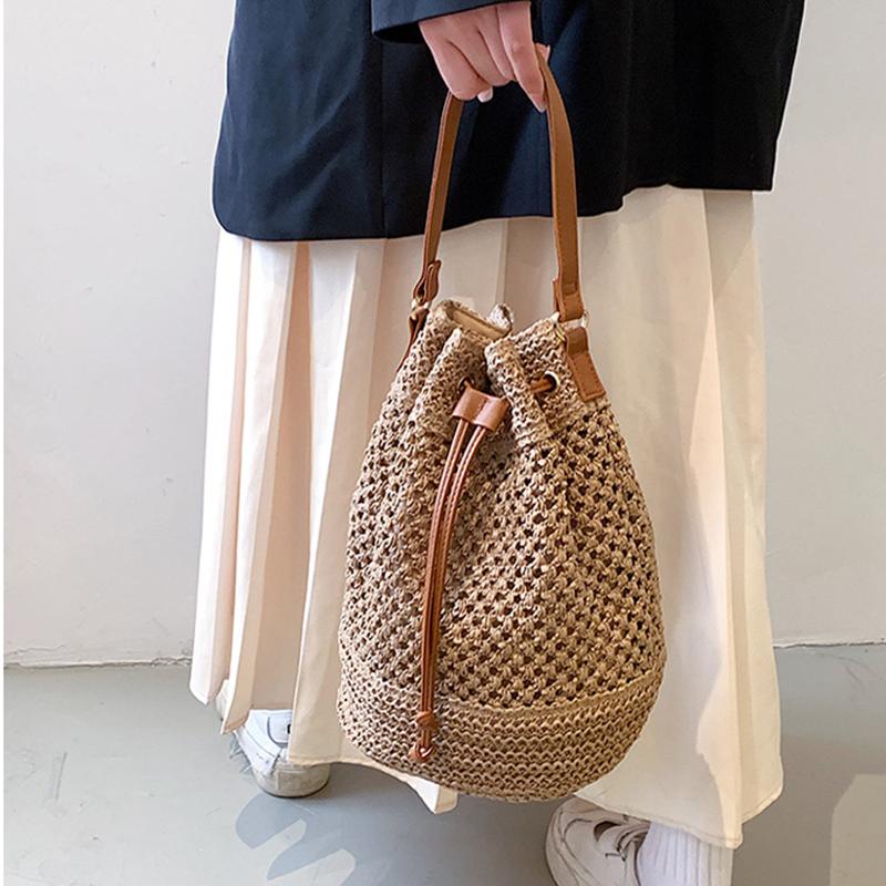 Yaz Örgülü Hasır Kova Çanta Kadınlar Için Basit İpli Plaj Omuz Crossbody Çanta