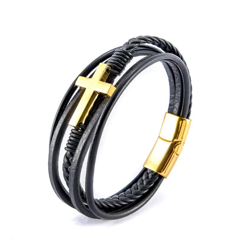 Stainless Steel Cross Pendant Leather Braided Layered Bracelet Men Geometric Design Ins Style Adjustable Length