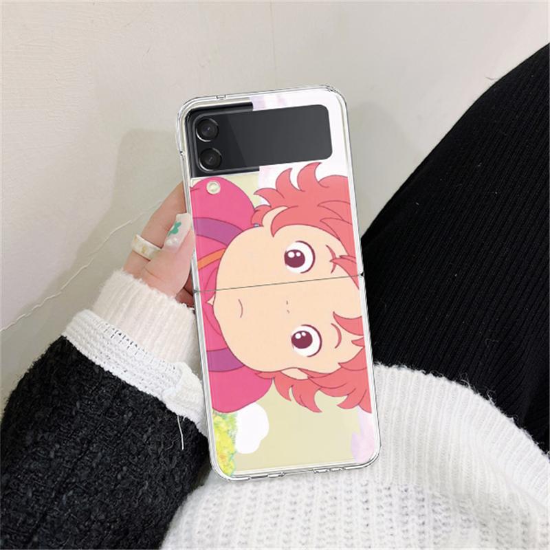 Tvrdý Průhledný Kryt pro Samsung Galaxy Z Flip3 5G Pouzdra Zadní Kryt Z Flip 3 Průhledný Kryt Japonsko Roztomilý Kreslený Anime Ponyo Nárazník