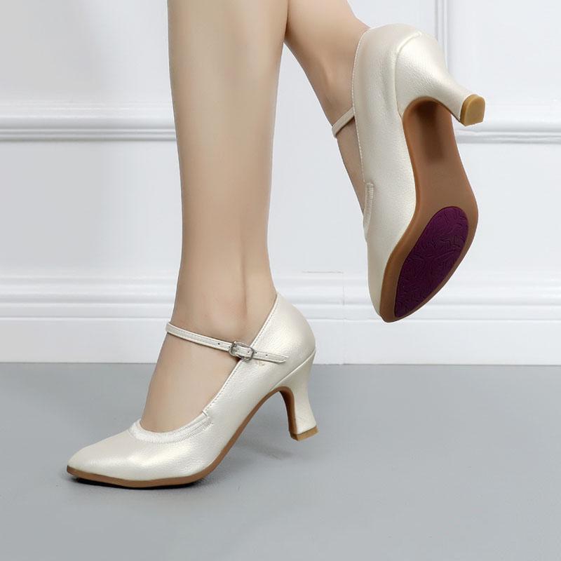 Leather Modern Dance Shoes for Women Soft Rubber Sole Party Ballroom Dancing Shoes Heel 7CM Close Toe