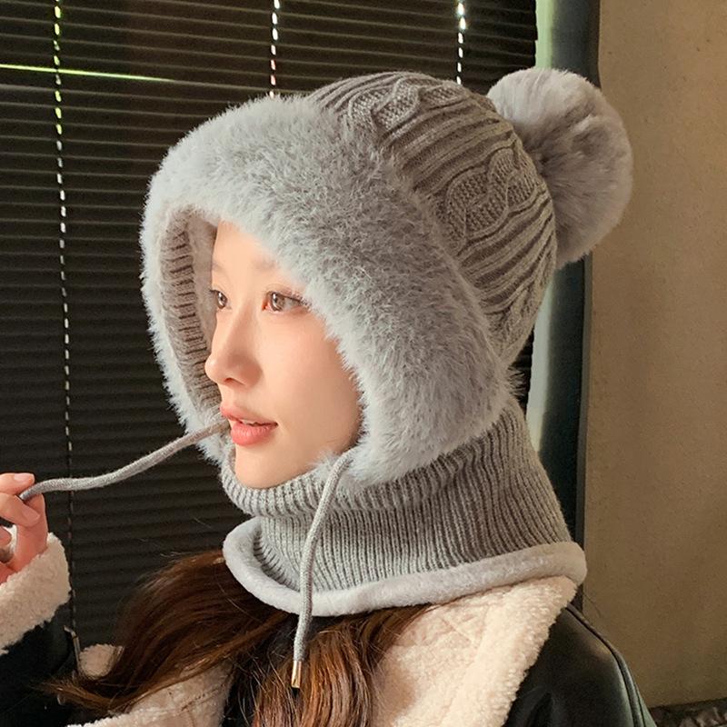 New Velvet Thick One-piece Hat Women's Winter Scarf Integrated Knitted Hat Outdoor Wind and Cold Warm Cycling Ear Hat