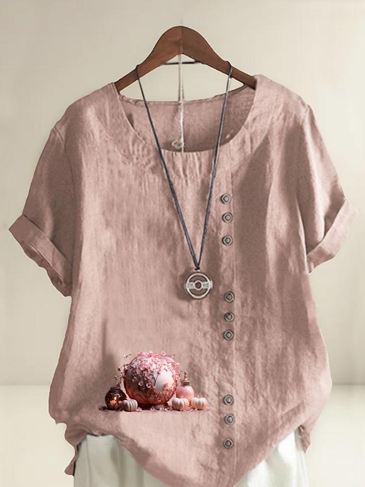 

Women s Fashion Pink Vase Print Casual Cotton Linen Short Sleeve Round Neck T-shirt Shirt Leisure Loose Summer Blouse Tops S