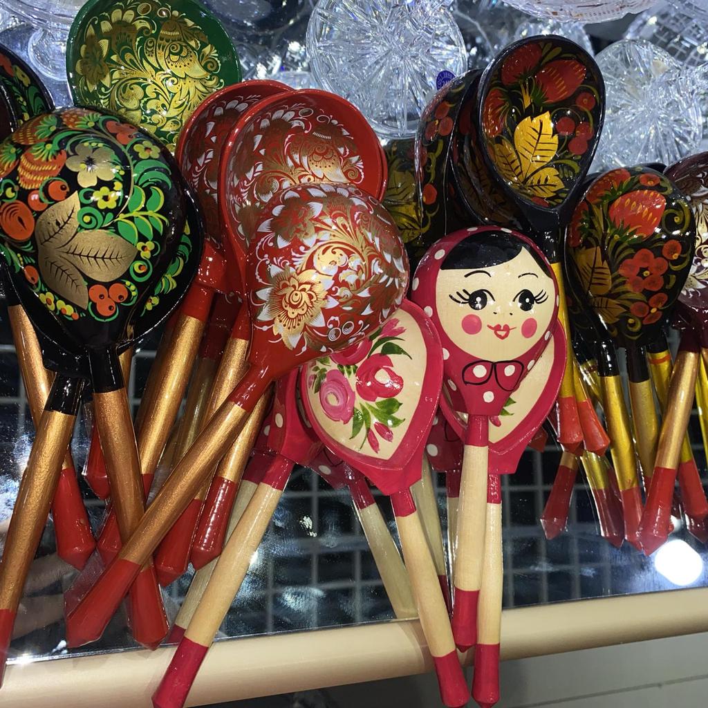 Handmade Russian Painted Wooden Dessert Spoon with Floral Design