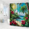 A Luxurious Shower Curtain Featuring a Design of Hibiscus Flowers, Ocean Views, And Coconut Trees, Perfect for Enhancing Your Ba