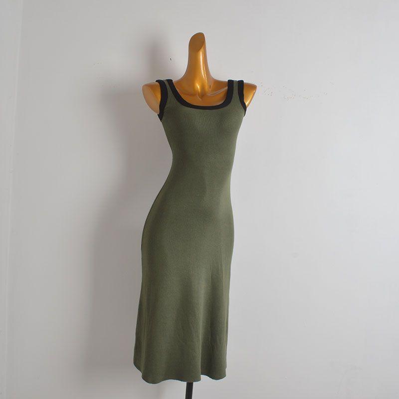 

French style Elegant Contrast Color U Collar Knitted Cami One piece Dress Women clothing Summer New Waist Hugging Slimming Hip Skirt Picture color One size