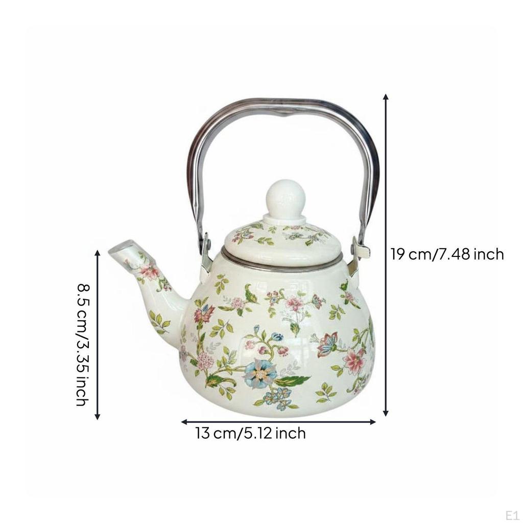 1L Enamel Kettle Induction Compatible Mini Stovetop Easy To Clean Floral Teapot