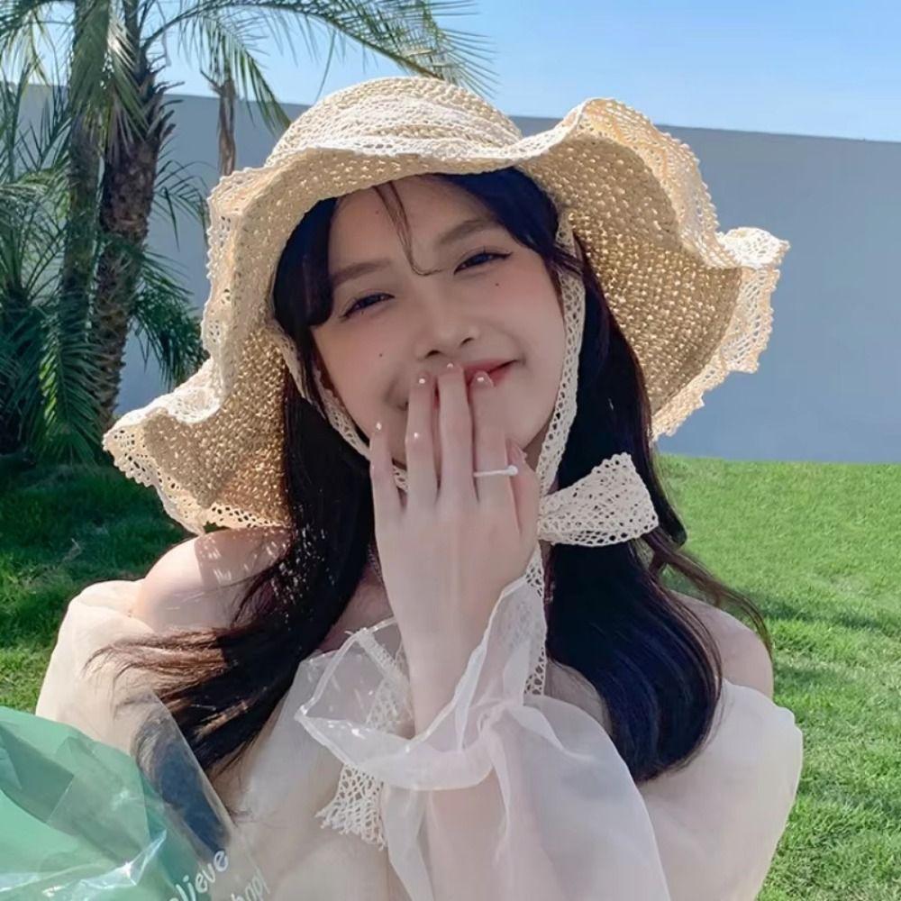 Foldable Lace Brim Sunshade Cap Breathable Sun Protection Cap Casual Colorful Straw Hat  Outdoor