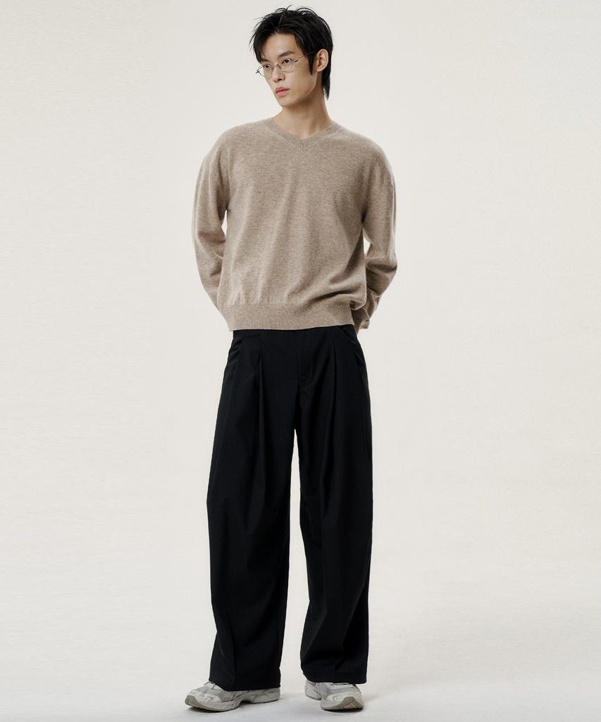 NOISE Stripe Double Pintuck Wide Slacks - Black
