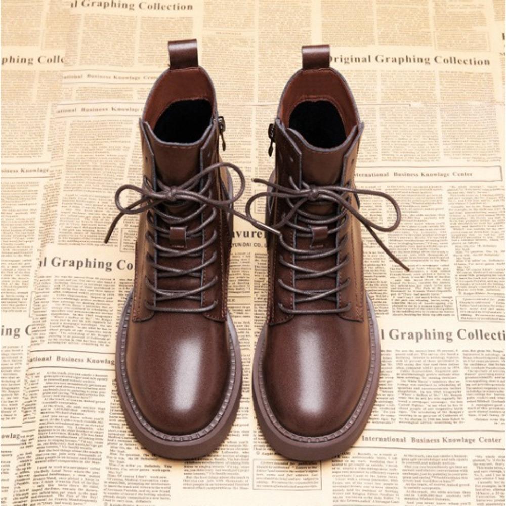 Leather Platform Boots Women'S  New British Style High-Heeled Short Boots Autumn And Winter Velvet Womens Shoes Ankle Bootie