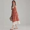 [Original Fabric] Super Good-looking and Thin Fake Two-piece Red Plaid Suspender Skirt Women's Summer Loose Small Dress