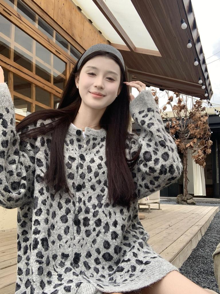 Autumn Winter Leopard Print Women's Sweater Cardigan Loose Thick Knit High-End Top Outerwear for Women