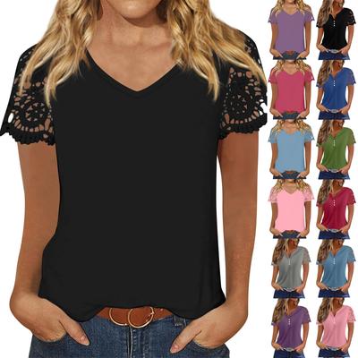 Women's Top V-neck Lace Short Sleeved Loose Casual Solid Color T-shirt