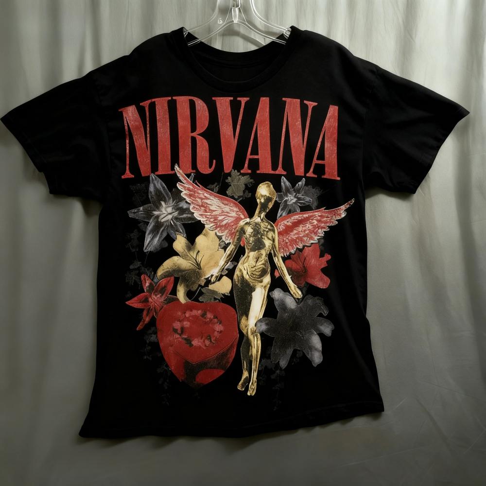 Nirvana Vintage Rock Band Cotton Round Neck Short Sleeve TShirt Retro Angel Floral Graphic Tee for Grunge Music Enthusiasts