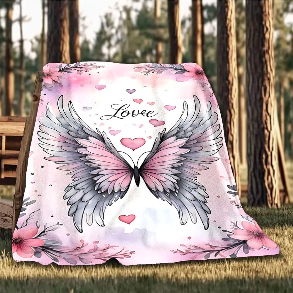 1pc Angel Wings Heart Love Outdoor Flannel Blanket , Machine Washable Perfect Gift for Birthday , Holiday Travel Accessory , Durable Material