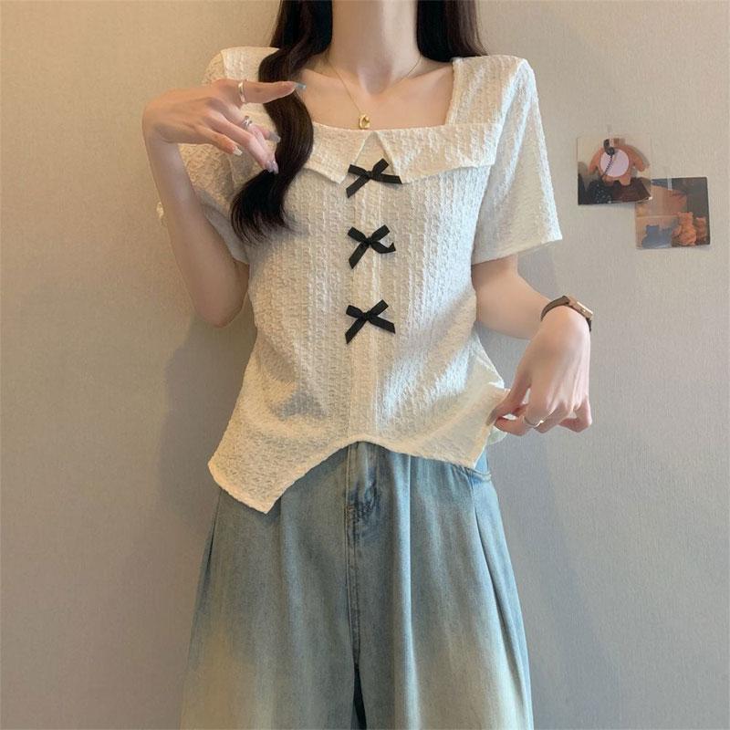 Damenbekleidung Pullover mit eckigem Ausschnitt Stilvoll Süße Schleife Sommer Elegant Slim Kurzarm Basic Einfarbig Unregelmäßige T-Shirts