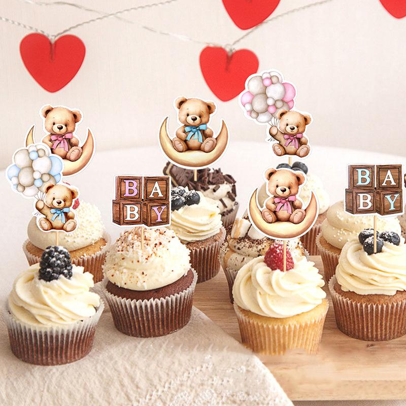 12pcs Cute Blue Pink Bear Cake Toppers Happy Birthday Cupcake Toppers Kids 1st Birthday Cake Decor Fruit Toothpick Baby Shower
