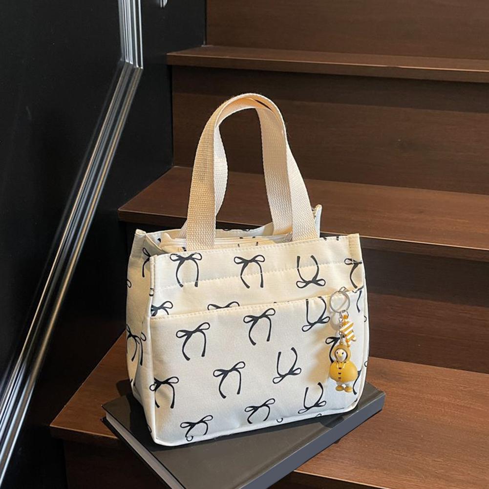 Insulated Canvas Lunch Bag Thermal Food Picnic Lunch Box with Handle Bow Print Tote Bag Functional Lightweight Hobo Bag