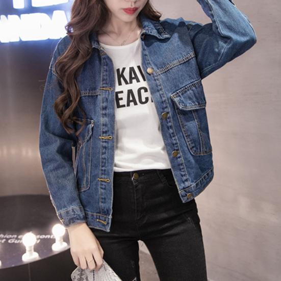 Winterjacke für Damen, lange Ärmel, Umlegekragen, Brusttaschen, Knopfverschluss, Mantel, einfarbig, lässig, Streetwear, Jeansmantel