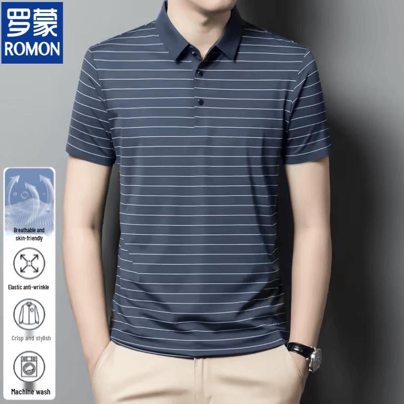 Romon Men s Striped Silk Blend Polo Shirt 4XL 58
