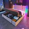 Lit Rembourré USB APP Control LED 140×200 Cadre De Lit De Rangement, Beige Matière Lin (matelas Non Inclus)