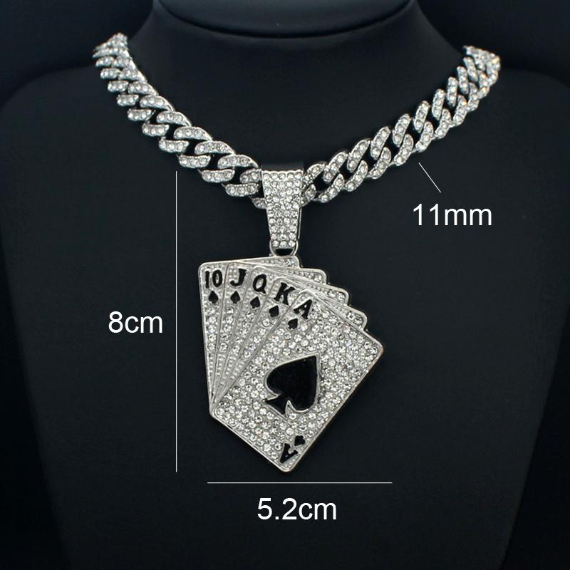 

Men Women Hip Hop Playing Card Poker Pendant Necklace Crystal Cuban Chain HipHop Iced Out Bling Necklaces Fashion Charm Jewelry 45CM
