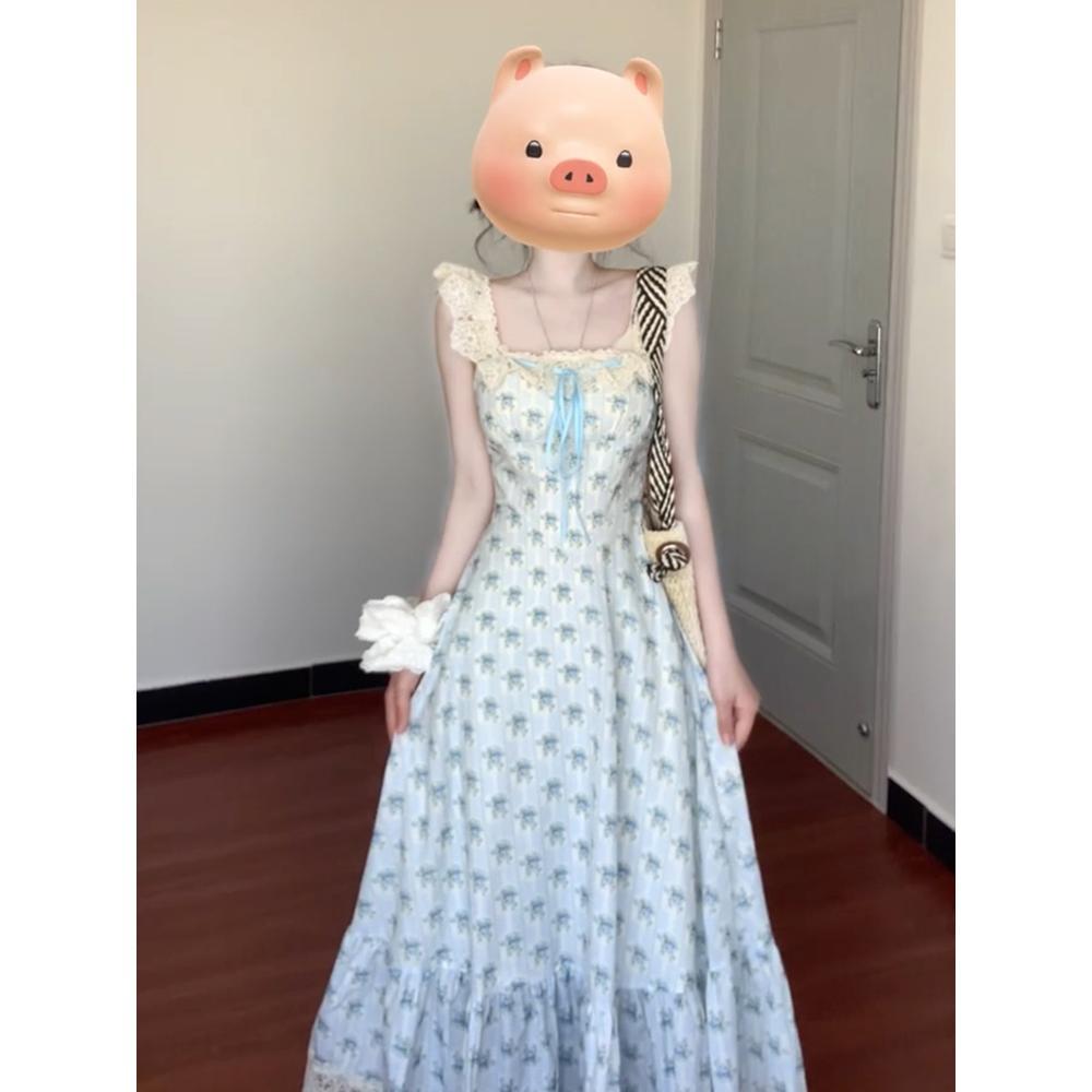 

Синее цветочное платье на бретелях с квадратным вырезом для детского лета в зарубежном стиле, женский новый весенний костюм XL- (recommended 110-60kg)