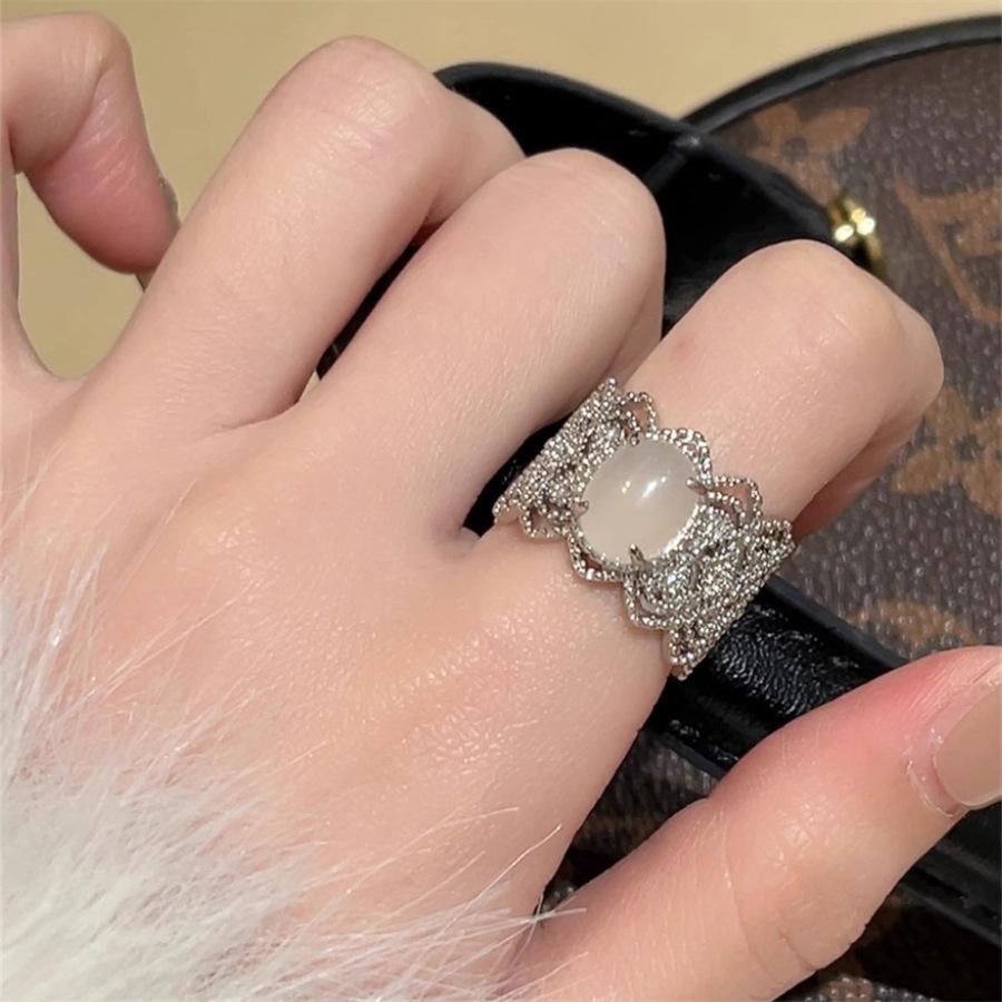 French retro white chalcedony jade ring female ring index finger ring
