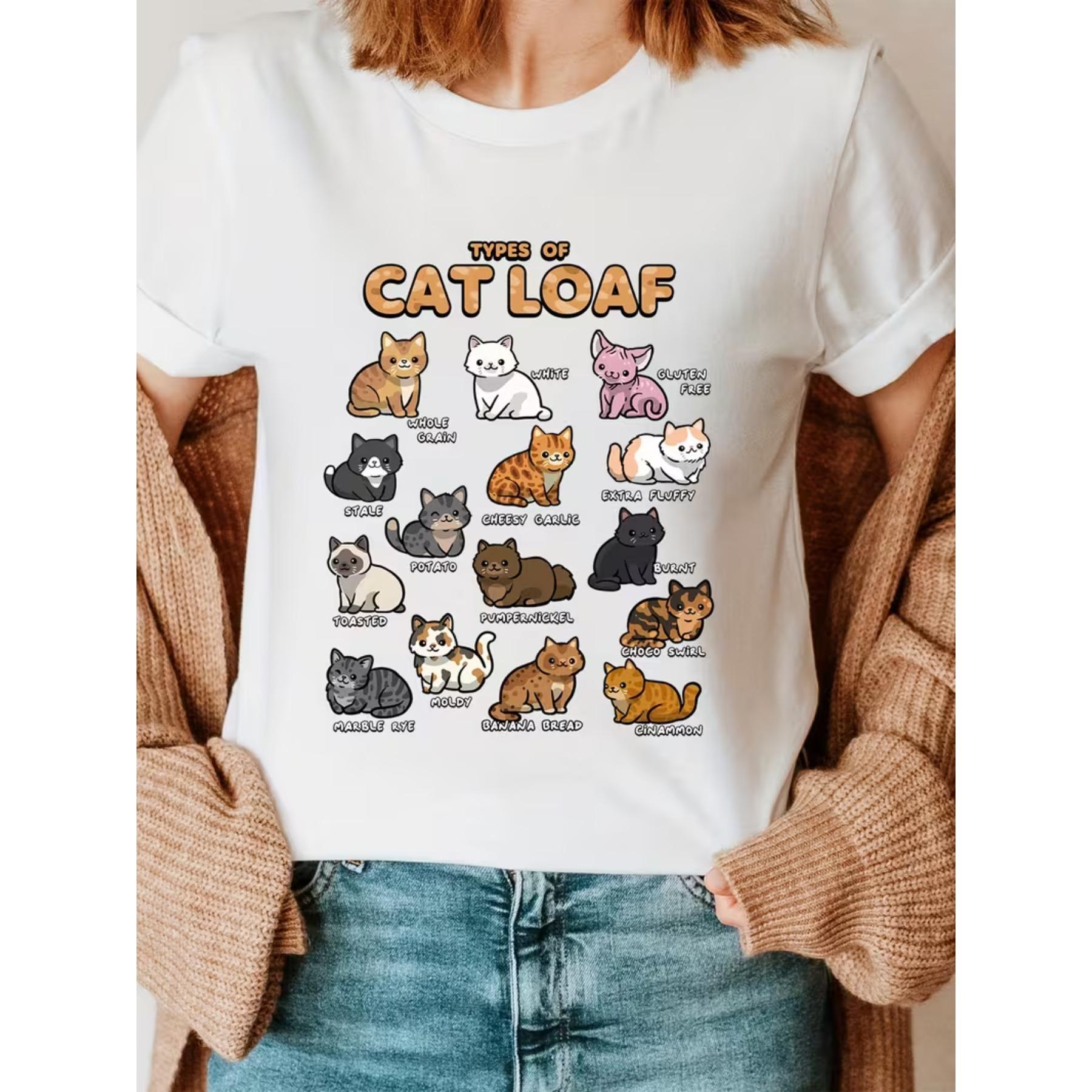 

Cat Print Crew Neck T-shirt, Short Sleeve Casual Top for Summer & Spring, Women s Clothing S белый