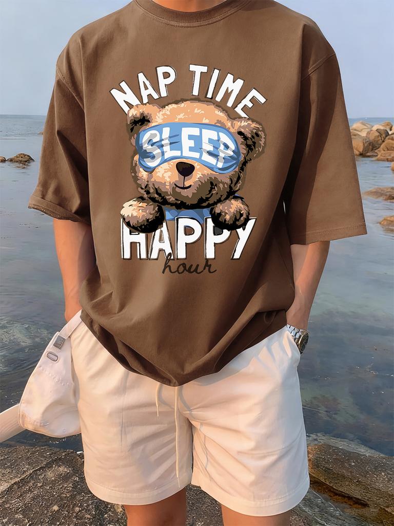Cartoon Bear Nap Time Happy Prints TShirts Womens Cotton Summer Short Sleeve Tees Soft Loose ONeck Tops Casual Womans Clothes