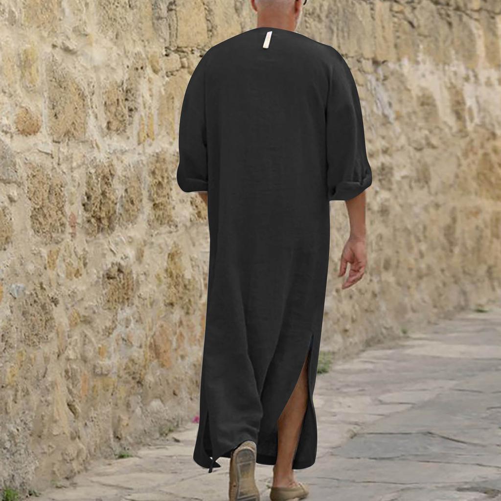 Herren V-Ausschnitt Leinen Robe Kurzarm Kaftan Langes Kleid Freizeithemd für Strand, Sommer