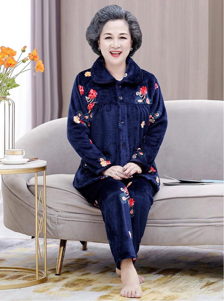 Women's Winter Warm Flannel Pajamas Set for Middle-Aged and Elderly - Cozy Granny Home Wear for Autumn and Winter