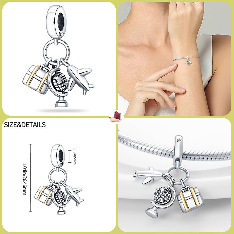 925 Silver Globe Airplane Charm Beads For DIY Bracelet Making Ladies Jewelry 3mm Original Design