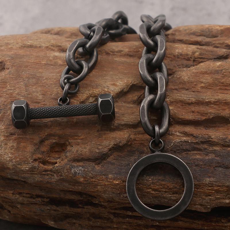 Vintage Men's Black Stainless Steel Link Chain Bracelets for Man 7.5" Barbell Shape Friendship Male Bracelets & Bangles Jewelry