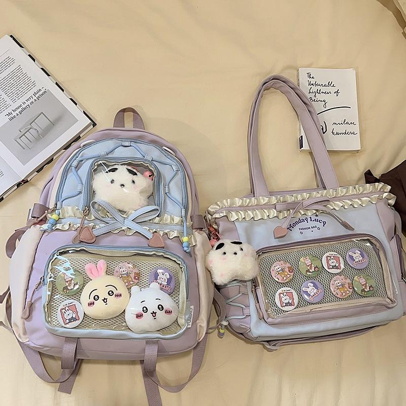 Women's Color Block College-Style Backpack with Ballet Ruffle Lace Design