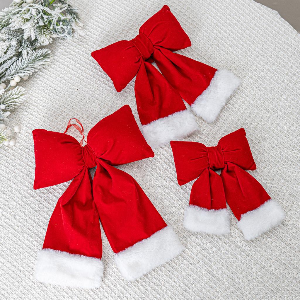 Christmas red velvet large bow decoration, creative three-dimensional flocking bow Christmas tree pendant
