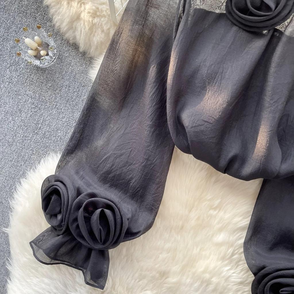 Ruffles Sweet Sheer Blouse O Neck Long Sleeves 3D Floral Loose Top Korean Style Streetwear Vintage OL Casual Shirt