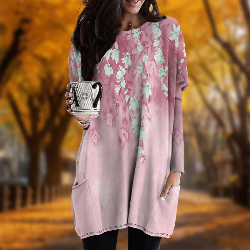 Neu Herbstlich Frischer Kleiner Blumenprint Übergröße Kleid Damen O-Ausschnitt Lange Ärmel Lässig Taschenkleider