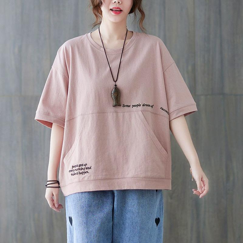 Pure Cotton Pocket Short-sleeved Blouse, Loose Covering Meat, Large Size, Simple Western Style Design, Pullover Women's Summer T-shirt
