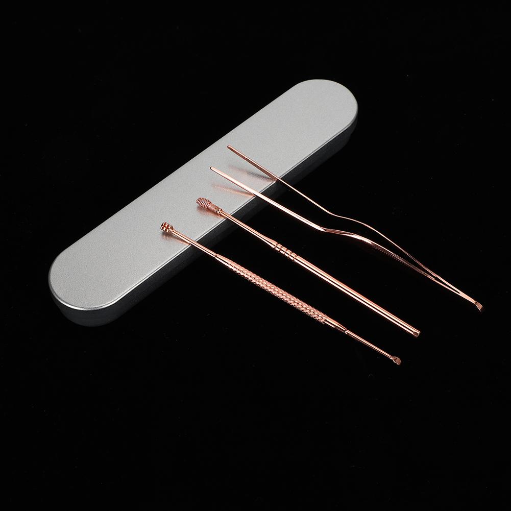 3pcs Stainless Steel Ear Pick Double Head Ear Wax Remover Curette Tweezers Set (Rose Gold)