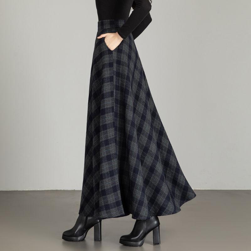 New Woolen Plaid Skirt for Women Mid-length Autumn and Winter Slimming High-waisted A-line Skirt Casual Long Skirt