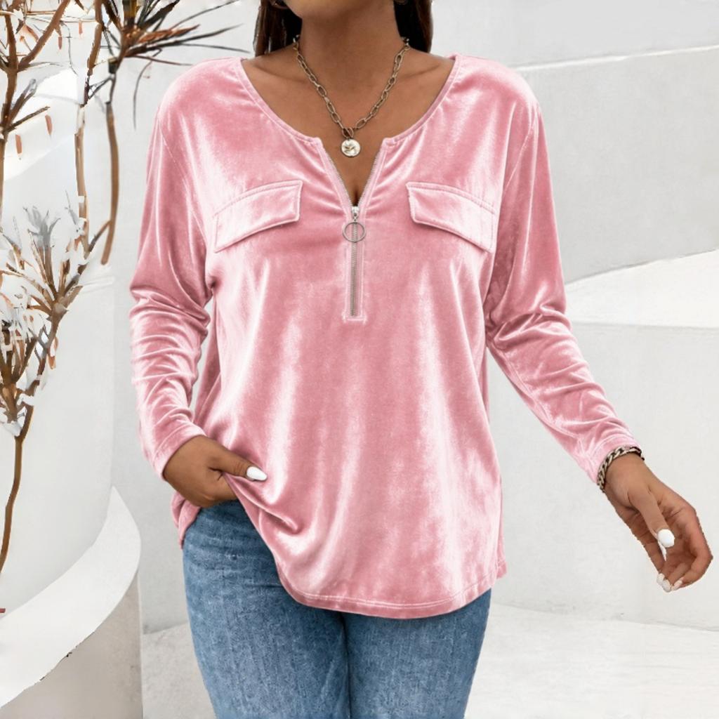 Women's Vintage V-Neck Zipper Front Long Sleeve Pullover Color