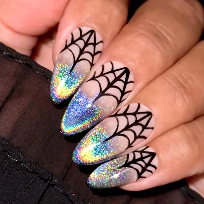 Halloween Press On Nails Medium Almond Fake Nails with Designs Bat Purple French Tip Glossy Glue On Nail 24 Pcs Natural Reusable Acrylic Nail for