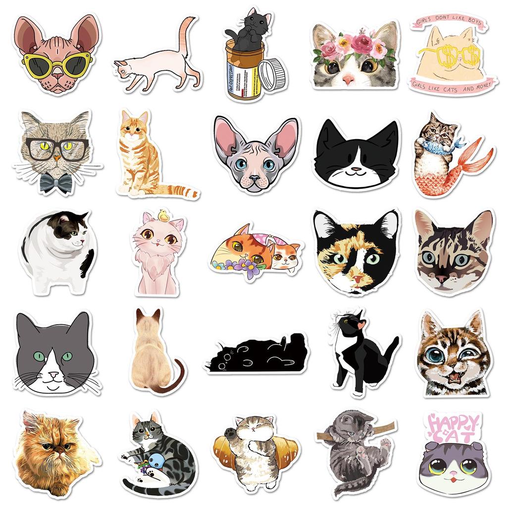 50 Cute Cat Waterproof Stickers for Laptop, Suitcase, Car, and Fridge Decoration