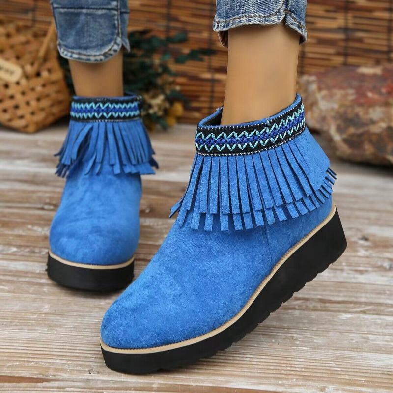 Autumn and winter new sweet fringed boots women's slope heel platform short boots matte large size boots shoes