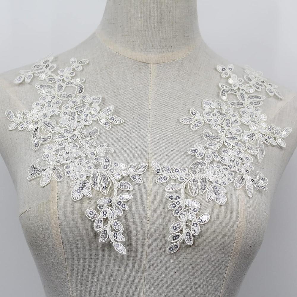 1Pair White Black Applique Flower Sequins Lace Fabric Patch For Garment Wedding Accessories