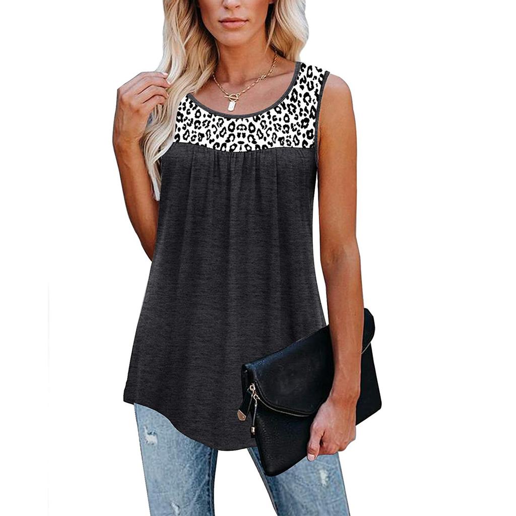 Women Sleeveless Leopard Active Tank Tops Ruffle Loose Tunic Blouse Shirt Vest