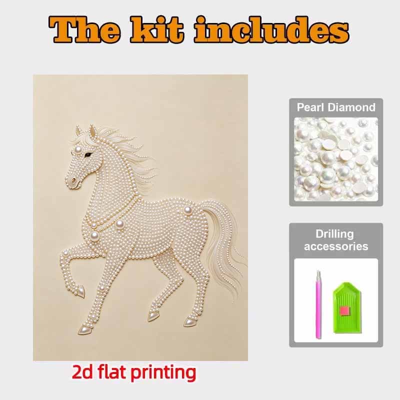 Elegant White Horse Pearl Painting 5D DIY Pearl Gemstone Art Diamond Painting Kit for Adults/Beginners Gift Ideas Home Decor Wall Art Craft Set