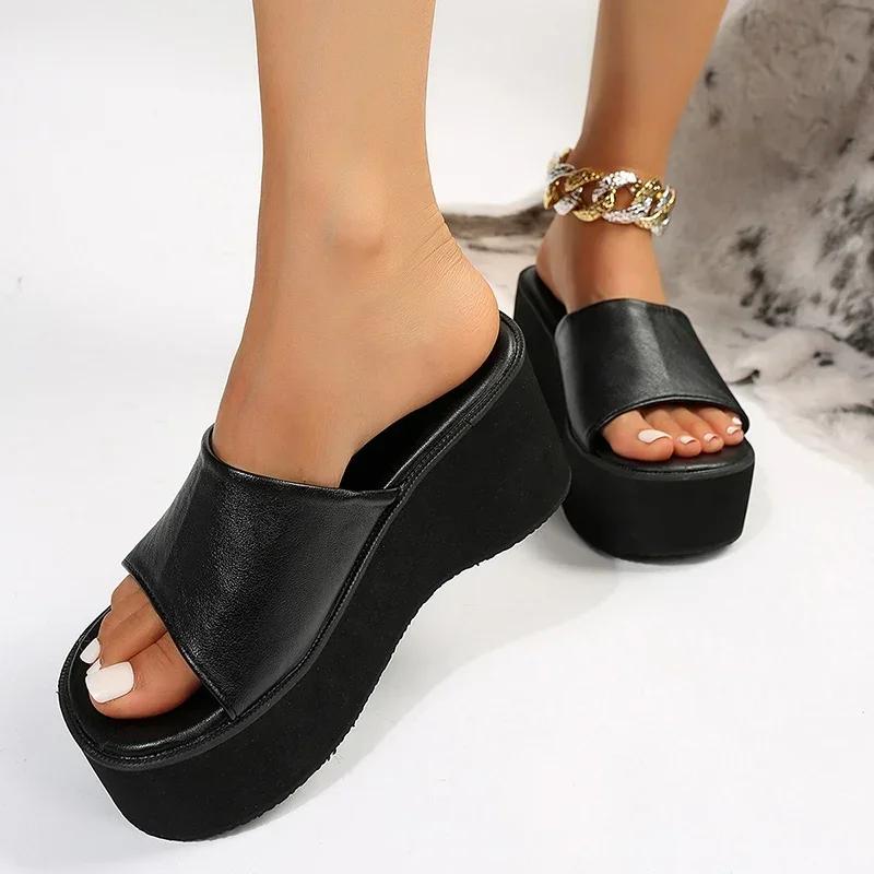 Fashion Chunky Platform Sandals Women Fashion Black PU Leather Wedge Slippers for Woman 2025 Summer Thick Bottom Slides Plus Size